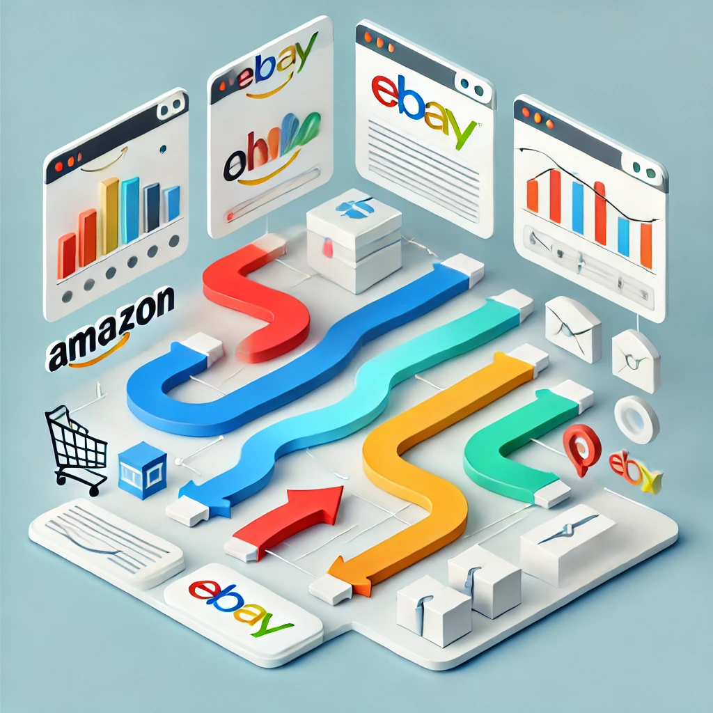 DALL·E 2025-01-28 17.29.22 - A minimalistic and professional digital illustration advertising marketplace integration services for e-commerce. The image primarily uses shades of b